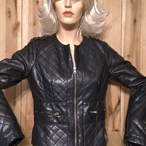 MISS LONDON Womens M Black Faux Leather Moto Biker Fashion Quilted Jacket